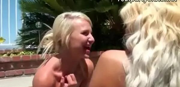  Poolside threesome fucking with two horny blonde bitches